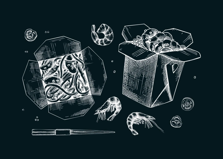 Noodles with shrimps in paper box on chalkboard. Asian cuisine meal sketches. Vintage fast food drawing. Food delivery design element. Take away box packages set